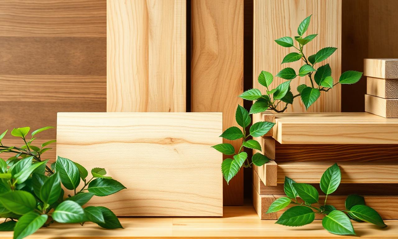 Sustainable wood materials with green plants representing CalGREEN and carbon accounting standards