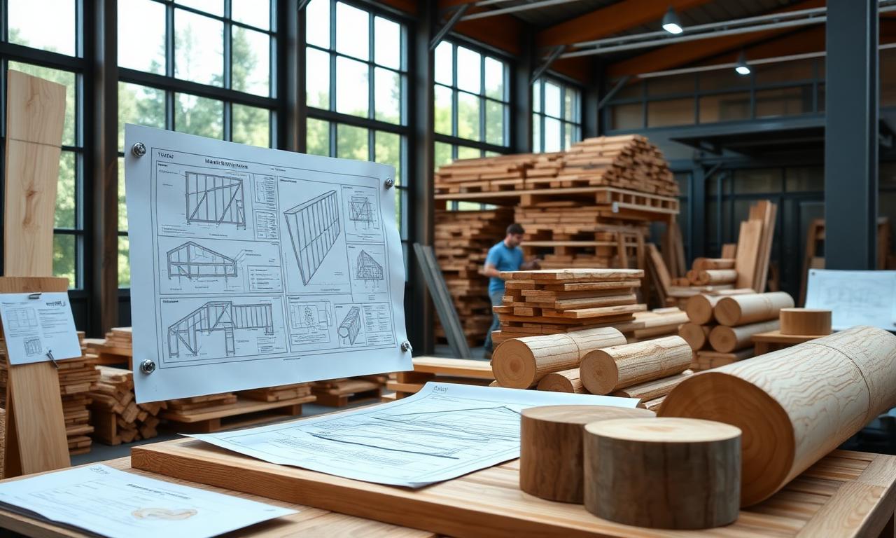Wood industry research and development with mass timber blueprints and structural timber samples